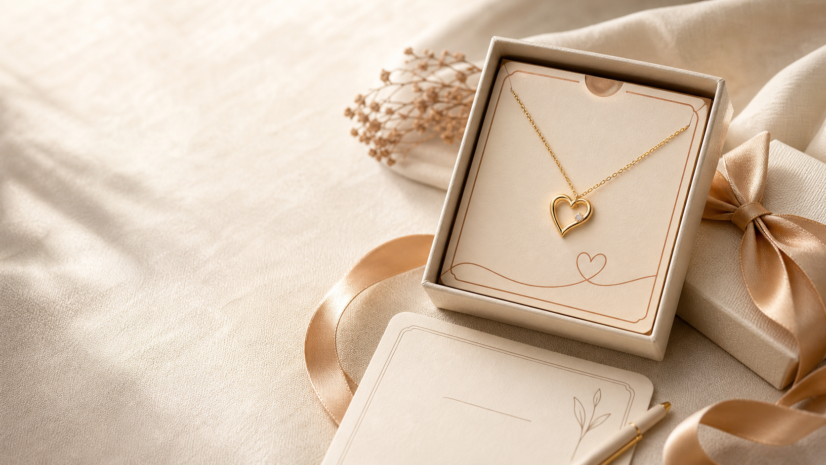 Heart necklace displayed on a warm ivory message card with gift ribbon